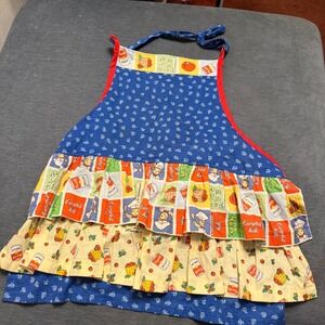 Vintage Campbells Soup Kids Ruffle Apron Blue Floral Tiered Multi Color One Size